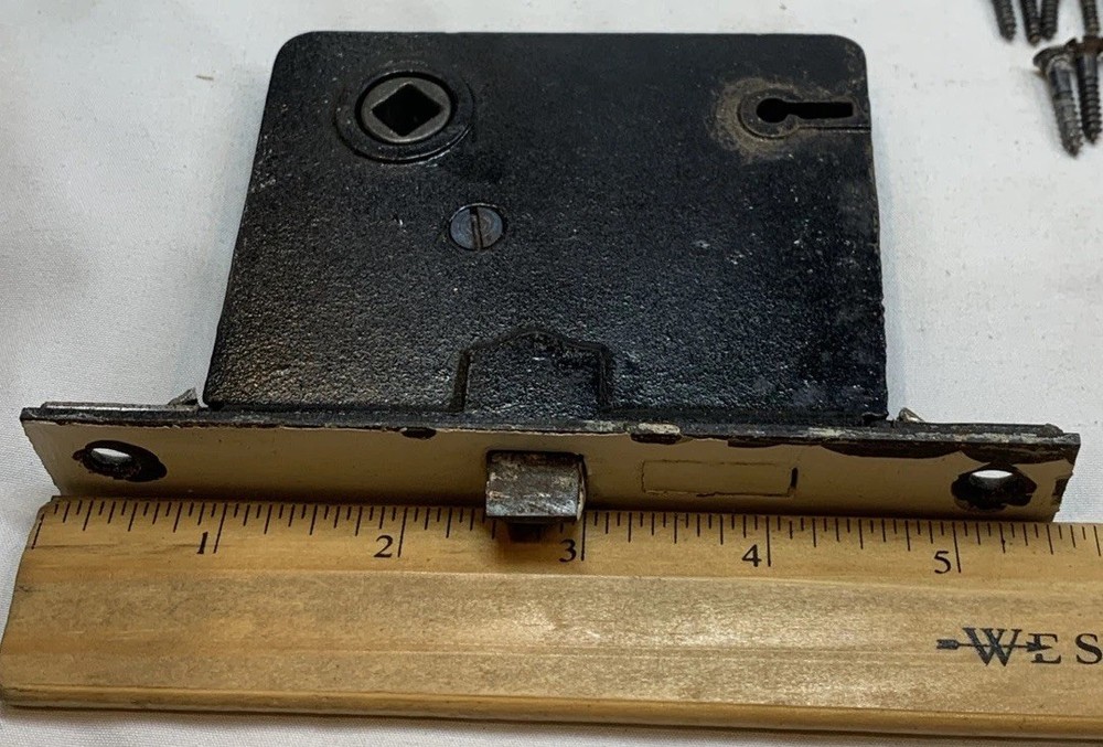 Skillman Antique Mortise Interior Door Lock W/Back Plates Spindle Knobs Screws