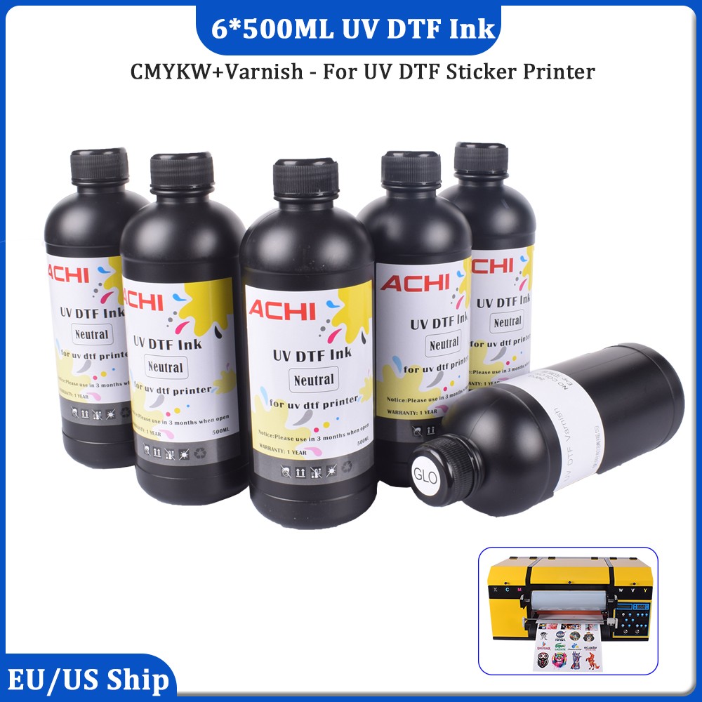 6*500ML UV DTF INK For Epson XP600 XP800 A3 UV DTF Sticker Printer CMYKW+Varnish
