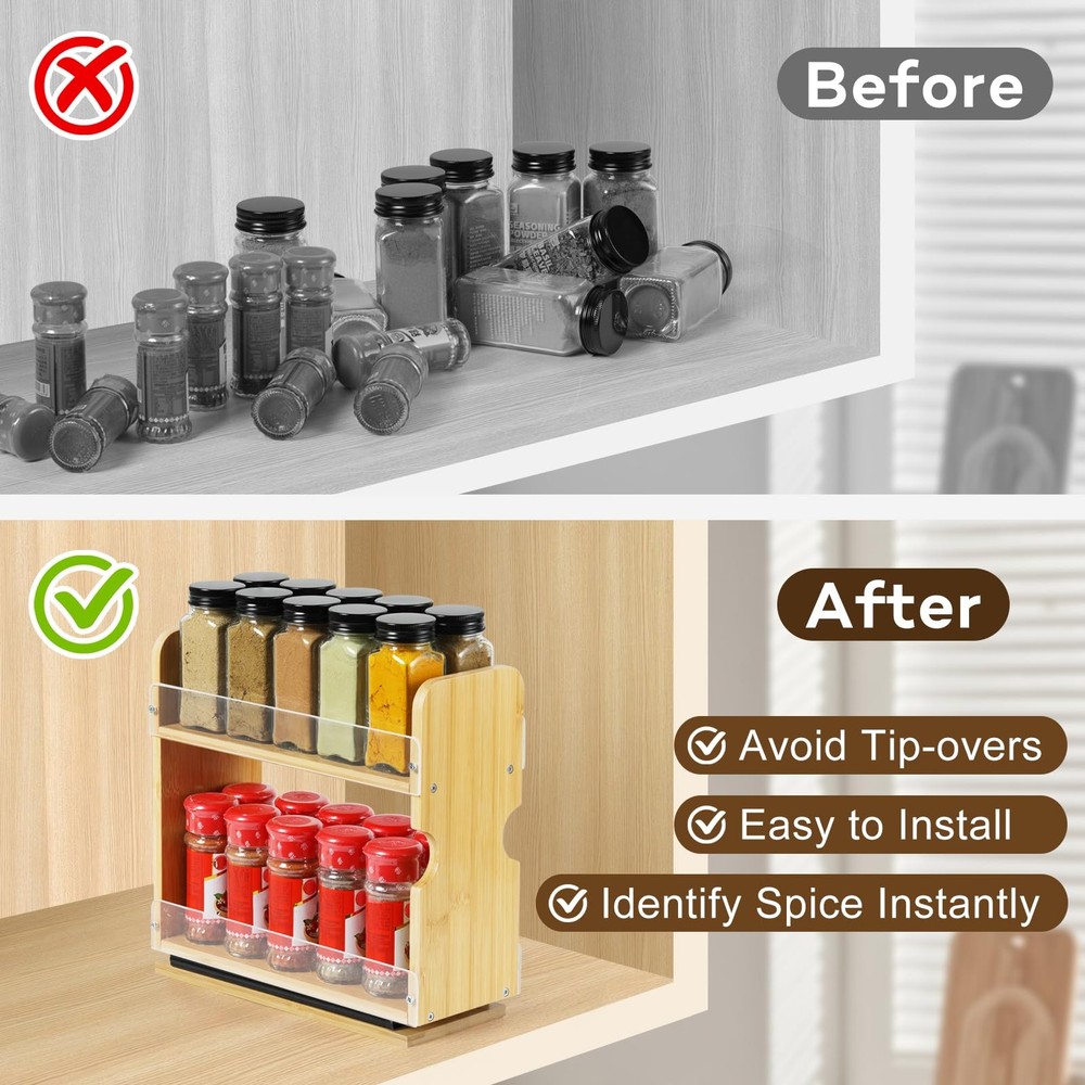 2 Tier Pull Out Spice Rack Organizer, Bamboo Sliding Spice Rack for Kitchen C...
