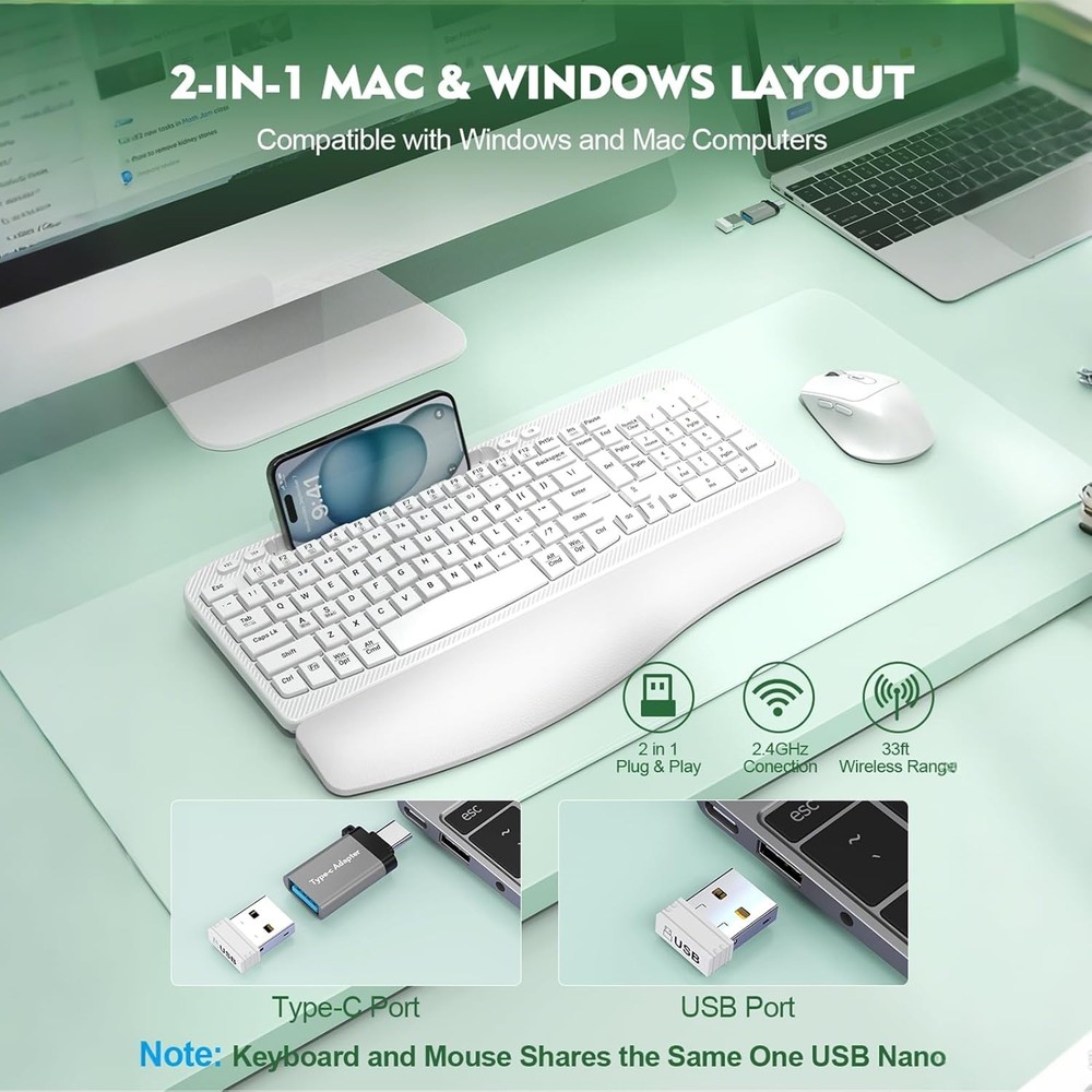 Wireless Keyboard and Mouse Combo, Wave Keys Full-Sized Ergonomic Keyboard with