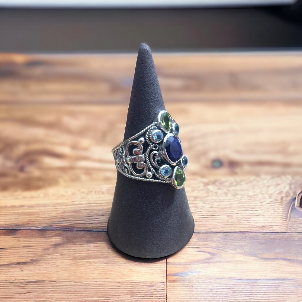 Corundum Sapphire Peridot 925 Sterling Silver Statement Ring