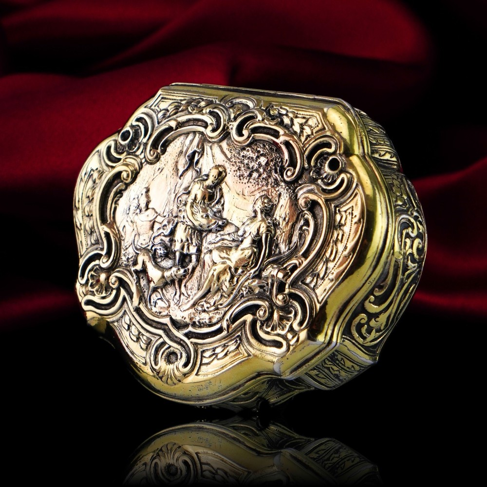Antique Solid Silver Gilt Table Snuff Box, Rococo Motif and Meleager Boar Head S