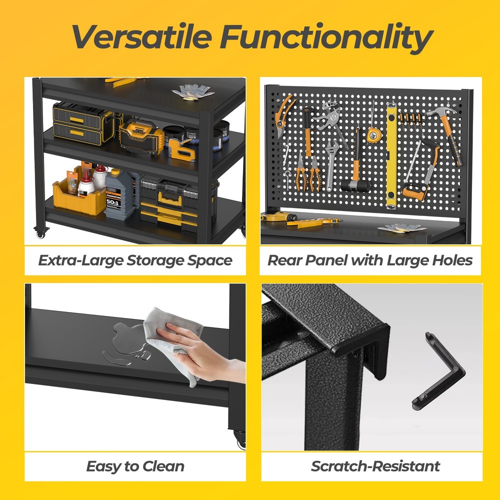 Work Bench with Pegboard,3000lbs Capacity Workbench with Wheels Shelves