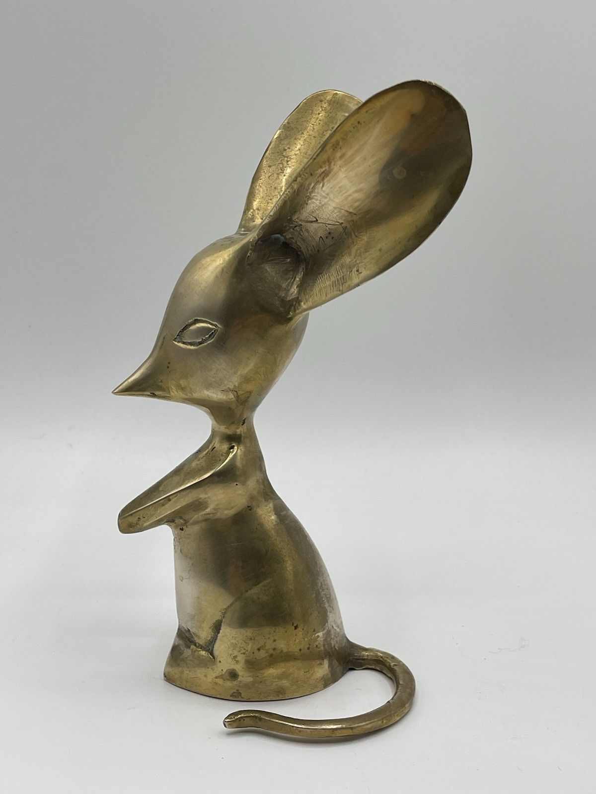 VTG Pair Of Big Eared Long Tail Whimsical Mouse 5”/ 7” Solid Brass MCM Decor