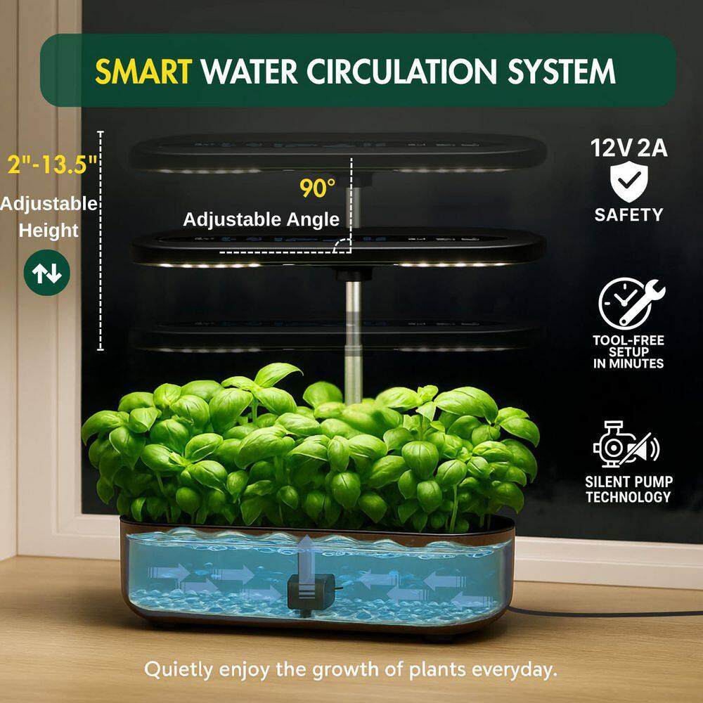 14-Pod Hydroponic Growing System W/Led Grow Light, LCD Display, Smart Timer, Wat