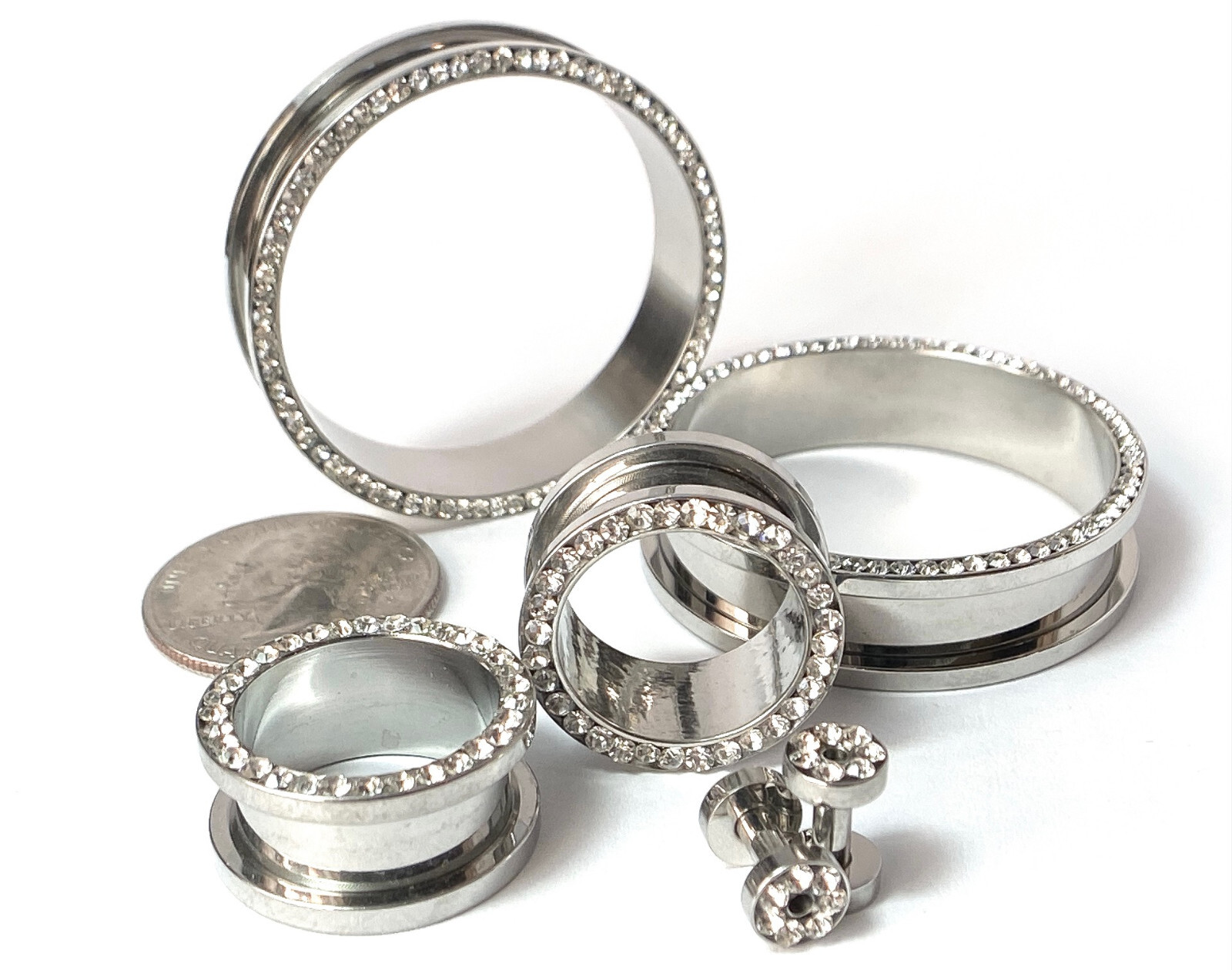 PAIR Clear CZ Gem Rimmed 316L Surgical Steel Screw Fit Tunnels Plugs Gauges