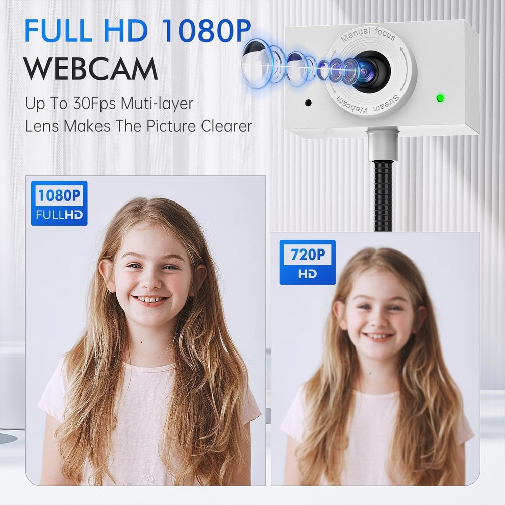 Webcam for PC, Laptop Camera USB Webcam with Adjustable Gooseneck, Flexible