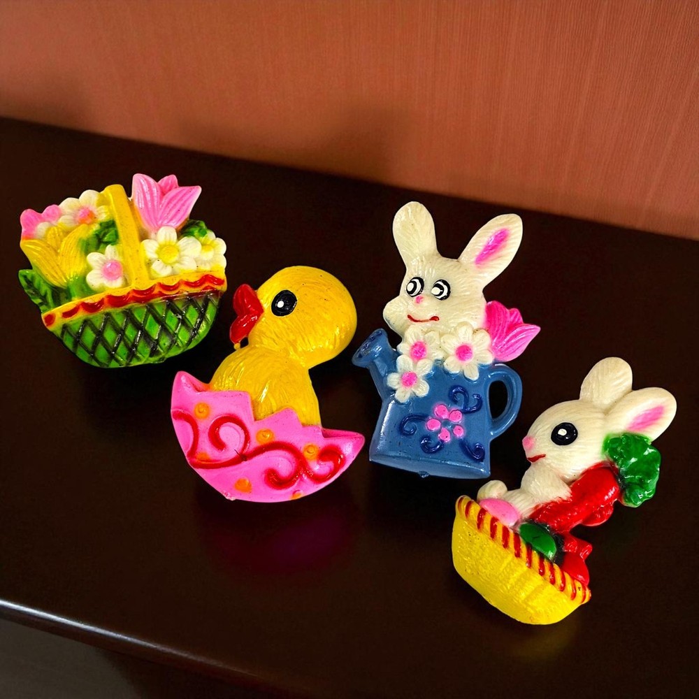 VTG Fridge Magnet Easter Spring Anthropomorphic Chick Duck Rabbit Retro Lot READ