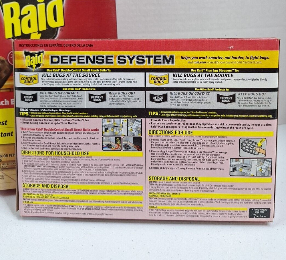 Raid Double Control 12 Small Roach Baits + Egg Stoppers 2 Box Lot
