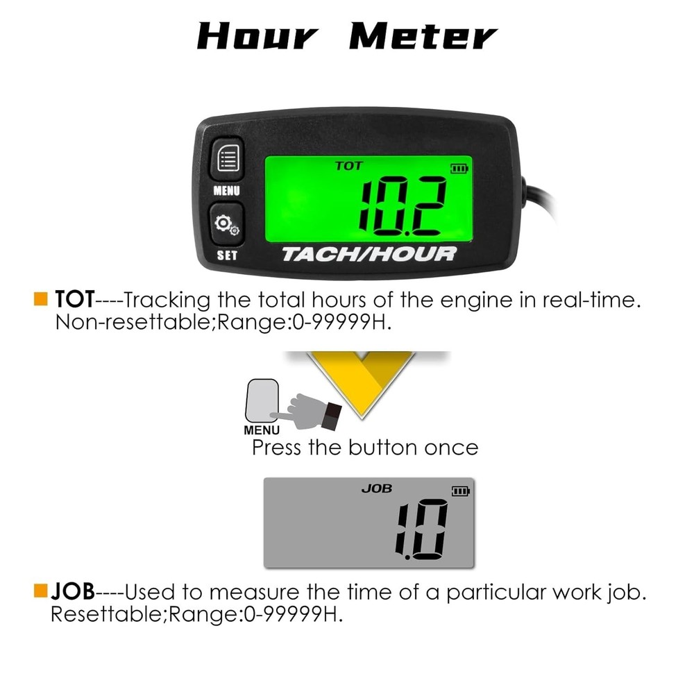 Digital Tachometer Hour Meter Waterproof Backlit Battery Replaceable for Engines
