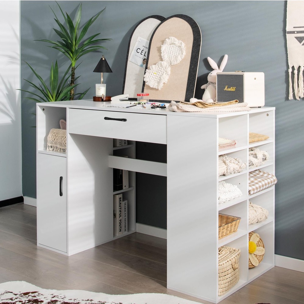 Craft Table with Storage, Artwork Sewing Table 14 Large & Small Storage Compa...