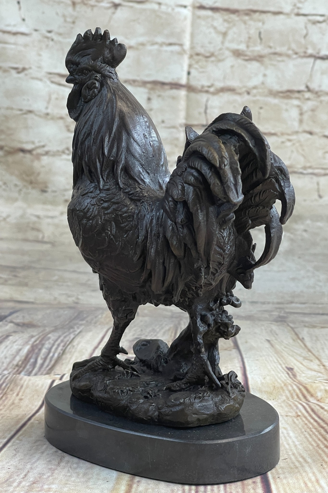 Chicken Rooster Farm Animal Bronze Statue Sculpture Figure Decor on Marble Base