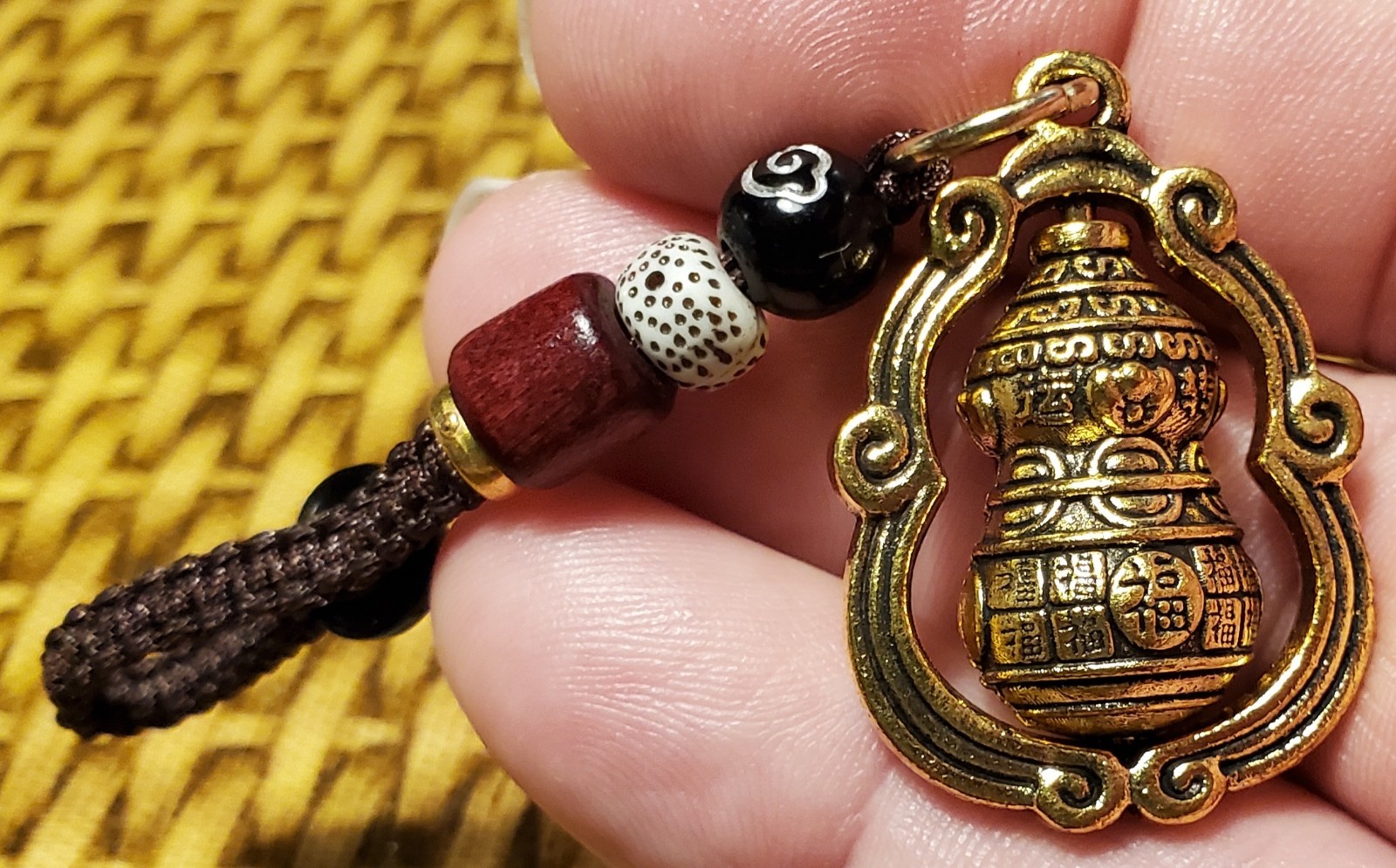 CHARMS & BEADS-BRASS CHINESE BLESSING GOURD W/ BODHI ROPE-KEY FOB