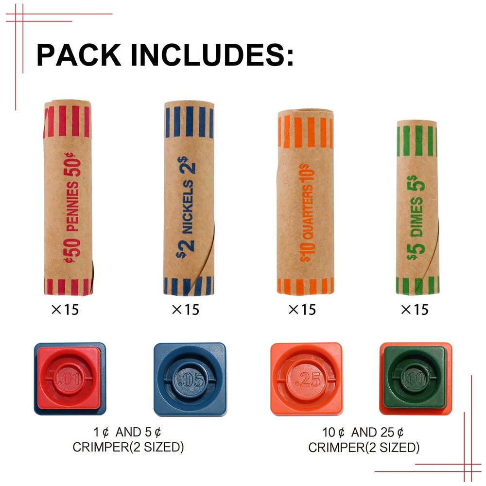 60 Assorted Coin Roll Wrappers with Color Coded Crimping Tool Quarters Dime