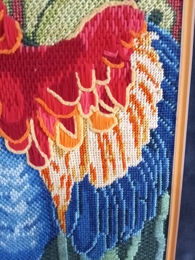 Vintage Framed Needle Work Parrot