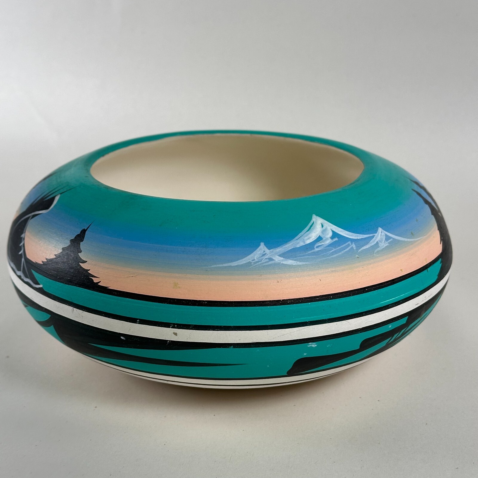 Navajo Pottery Bowl Hand Painted Forest Scenes - Signed