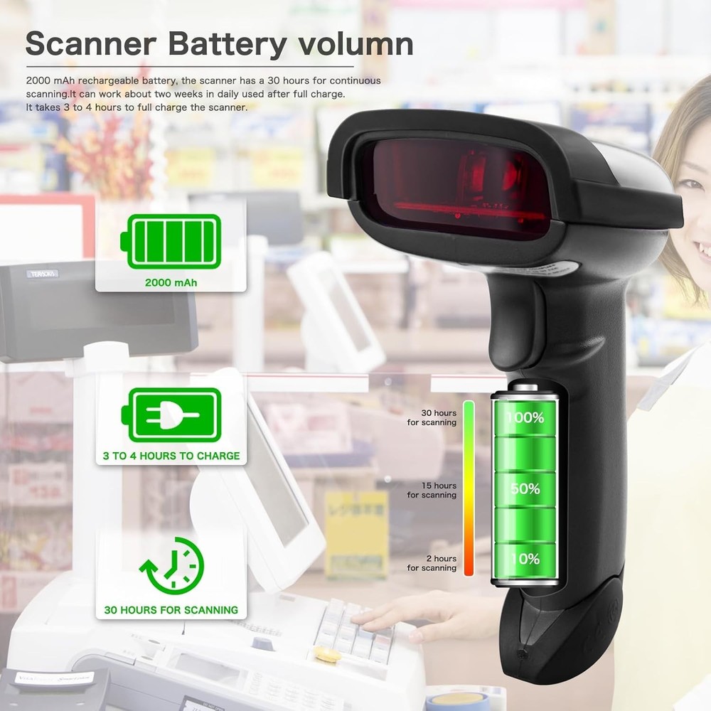 2-in-1 Wireless & USB Barcode Scanner - Rechargeable 1D Laser Reader (NT-1698W)