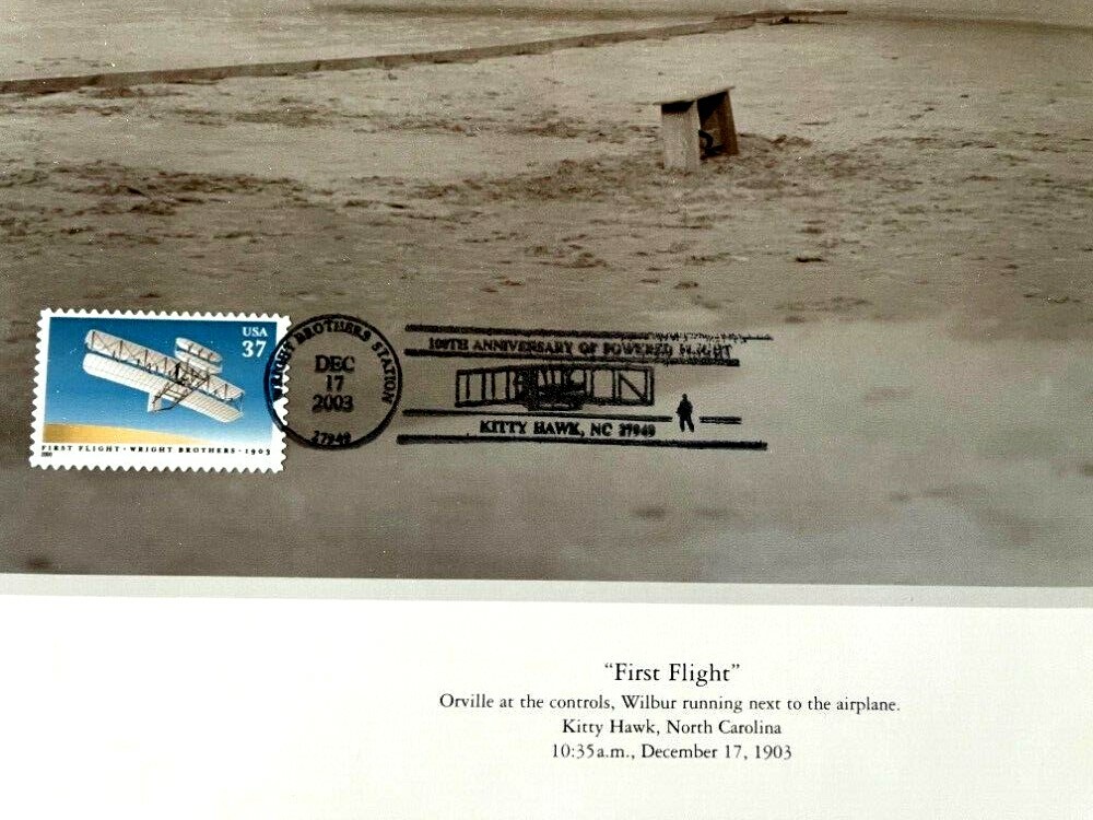 Wright Brothers 1st Flight Litho with Kitty Hawk Postmark Professionally Framed