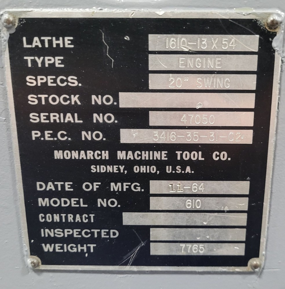 20" x 54" Monarch Model 610 Engine Lathe