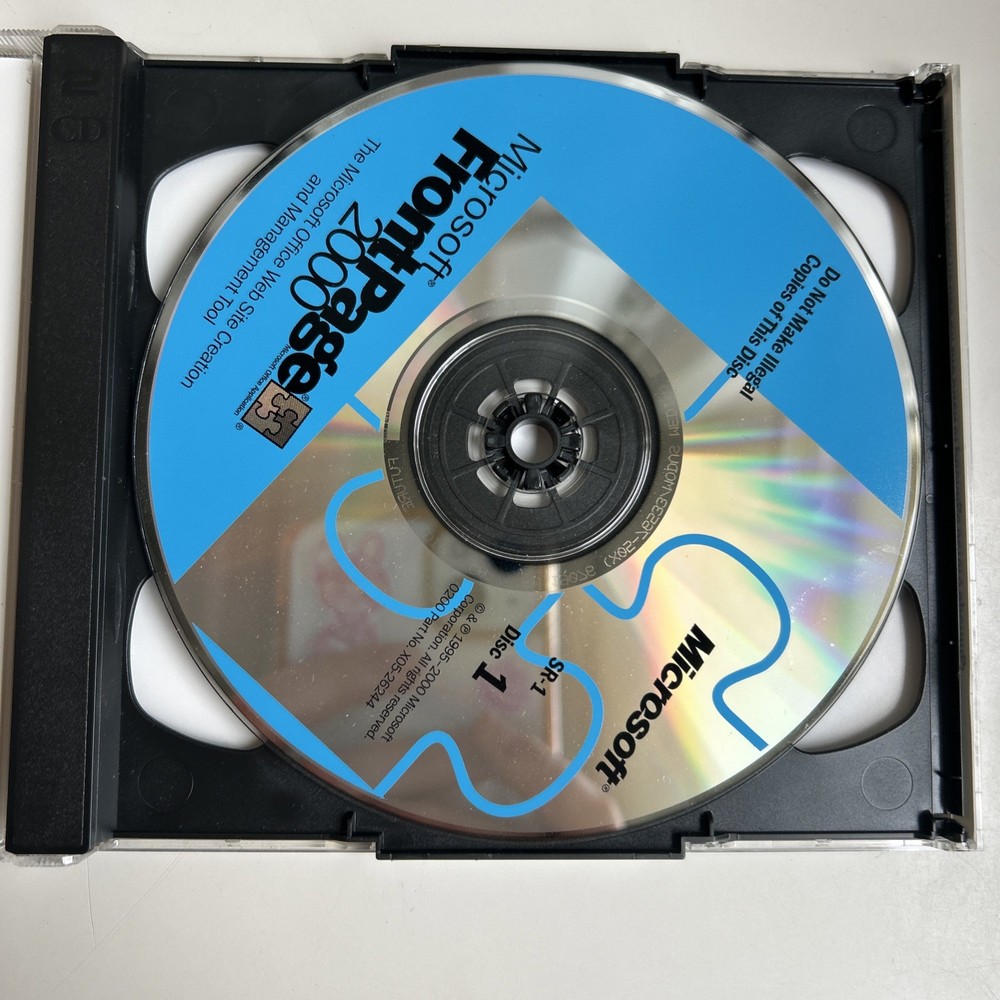 2000 Microsoft Front Page CD-Rom Software Full Version SR-1 w/ Product Key EUC