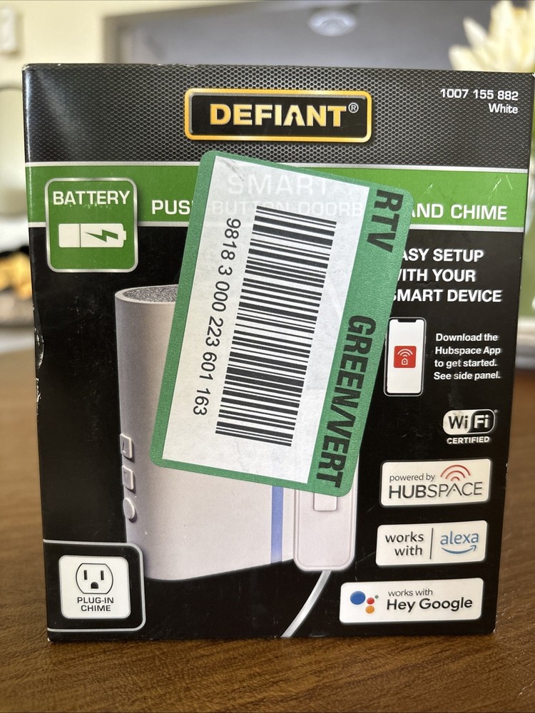 Defiant Smart Push-Button Doorbell Chime Compatible with Alexa Google.
