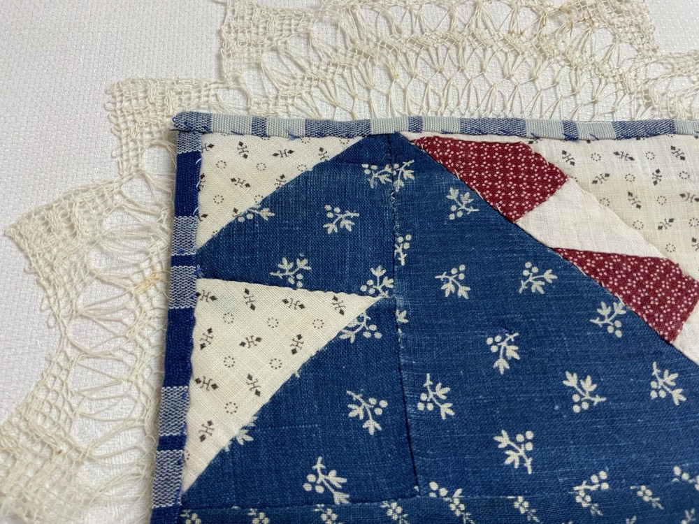 Antique Patchwork Quilt Table Topper, Early Calicos, Triangles, Small, Red, Navy