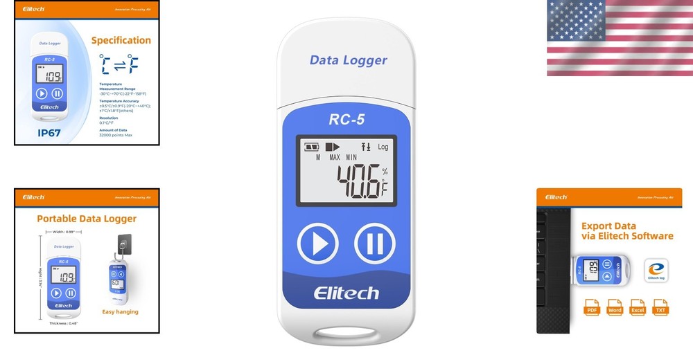 Precision USB Temperature Data Logger with LCD Display and 6- Battery Life