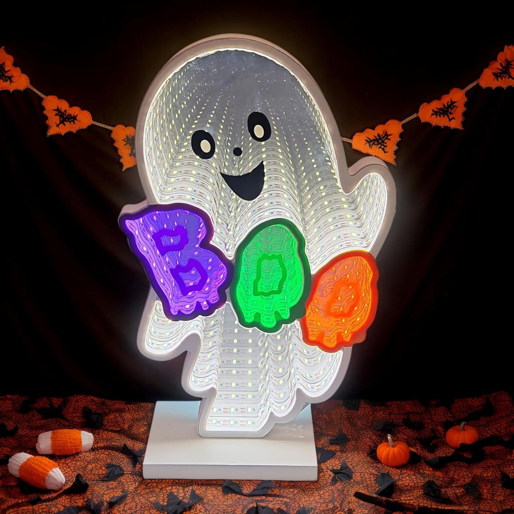 Halloween Neon Infinity Ghost Light,10.24Inch 3D Ghost Table Decor,Usb Powered L