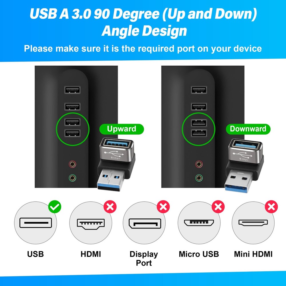 90 Degree USB 3.0 Adapter 2 Pack, (Up and Down) 2 Up Down Angle