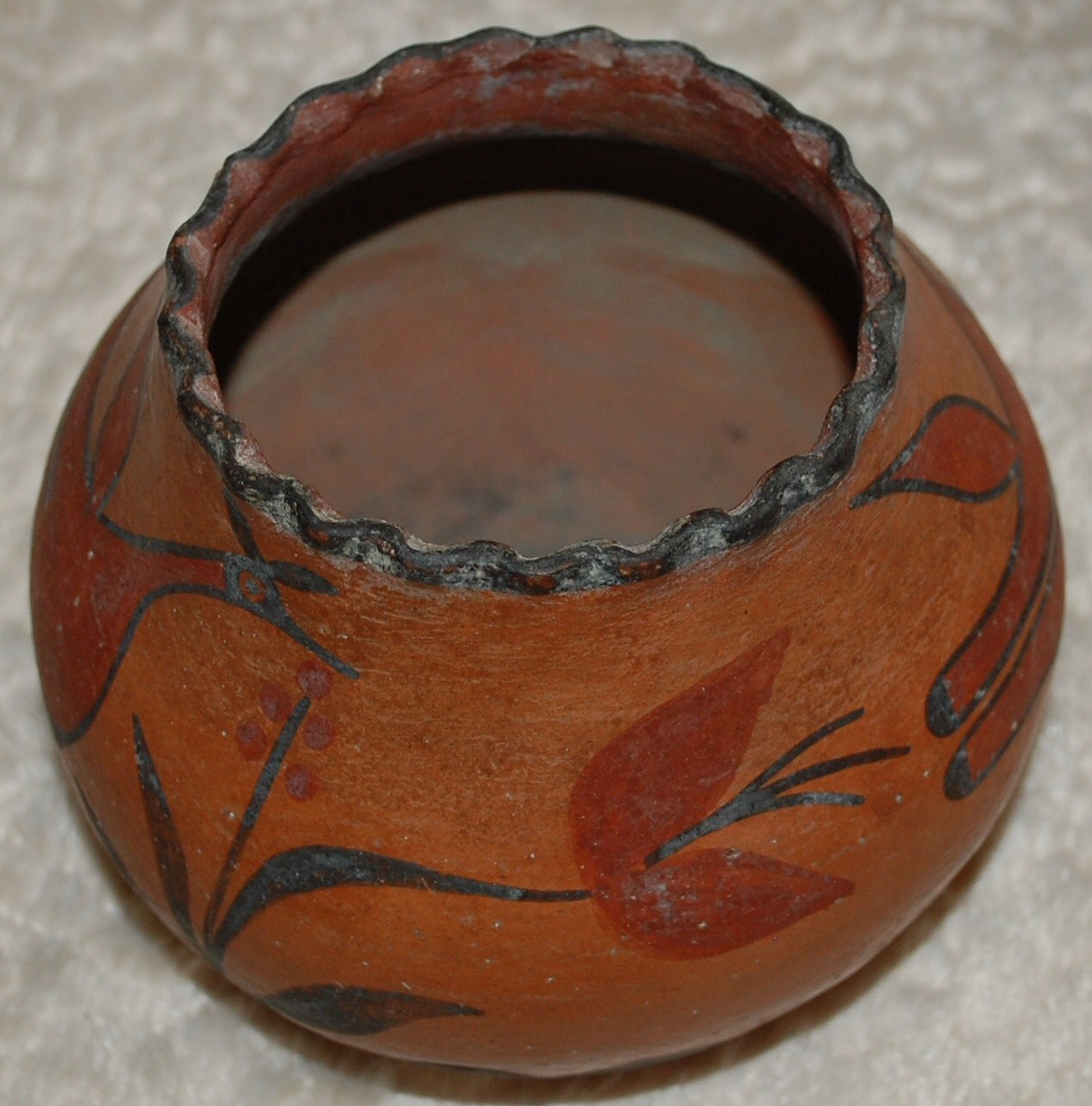 Early 1900-1920 Zia Pottery Jar with Bird and Flower figures- 6" diameter -Solid