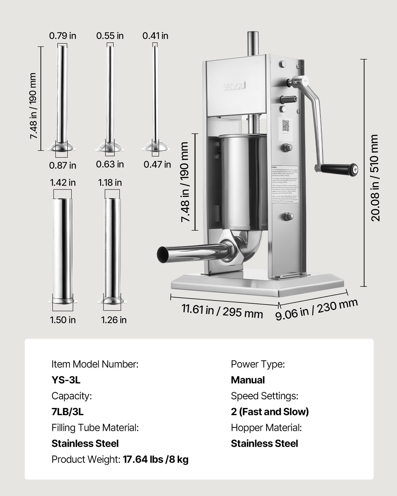 VEVOR Manual Sausage Stuffer 7 LBS / 3 L Dual-Speed Meat Stuffer with 5 Tubes