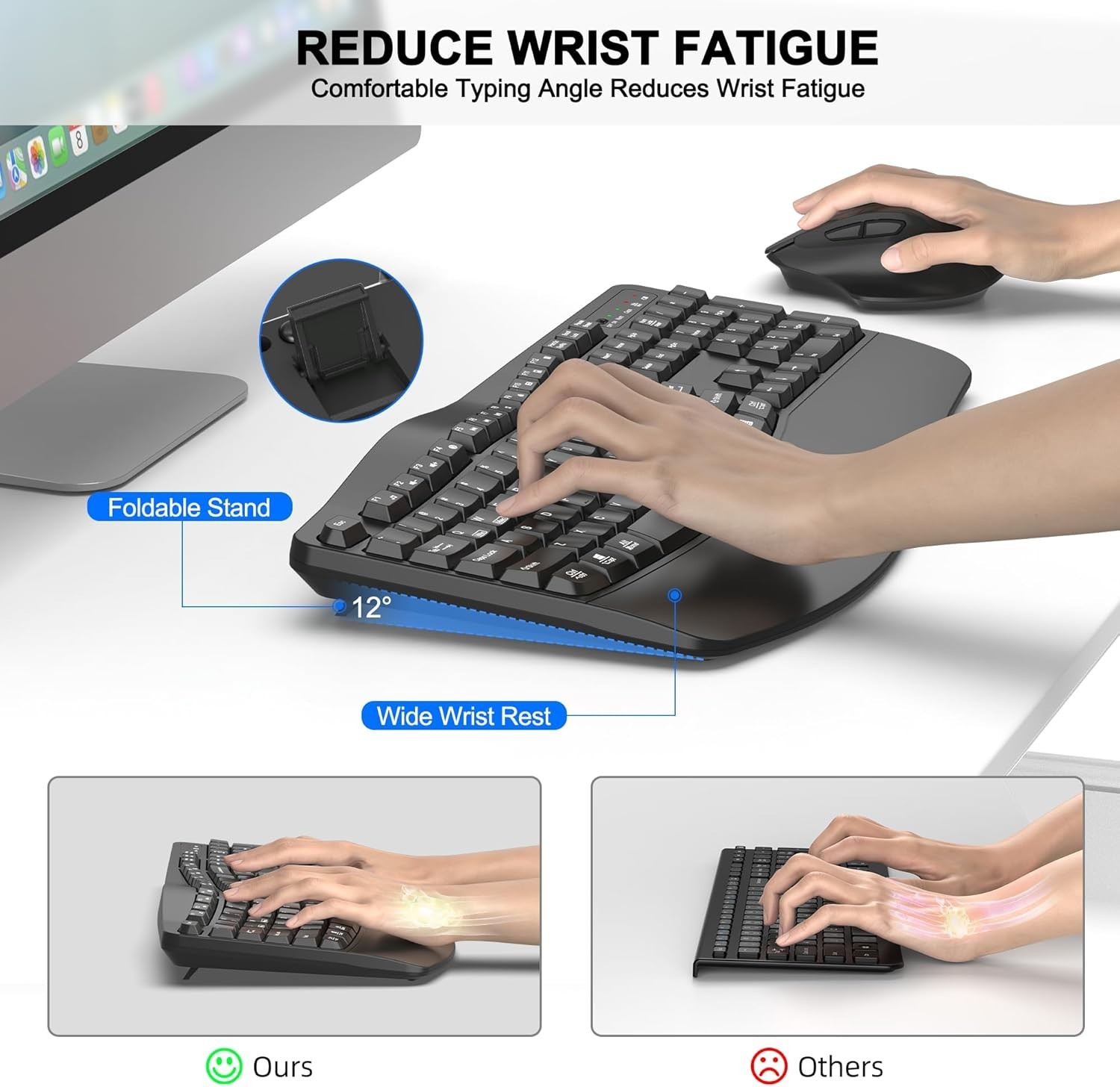 Wireless Keyboard and Mouse Combo, 2.4G Full Size Wave Keys Ergonomic Keyboard