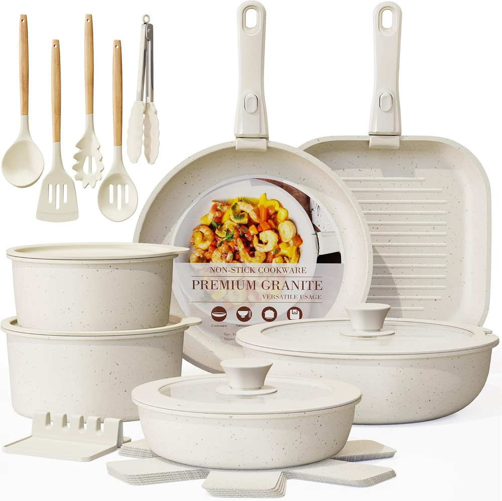 23 Pcs Pots and Pans Non Stick Ceramic Cookware Set Detachable Handle, Stackable
