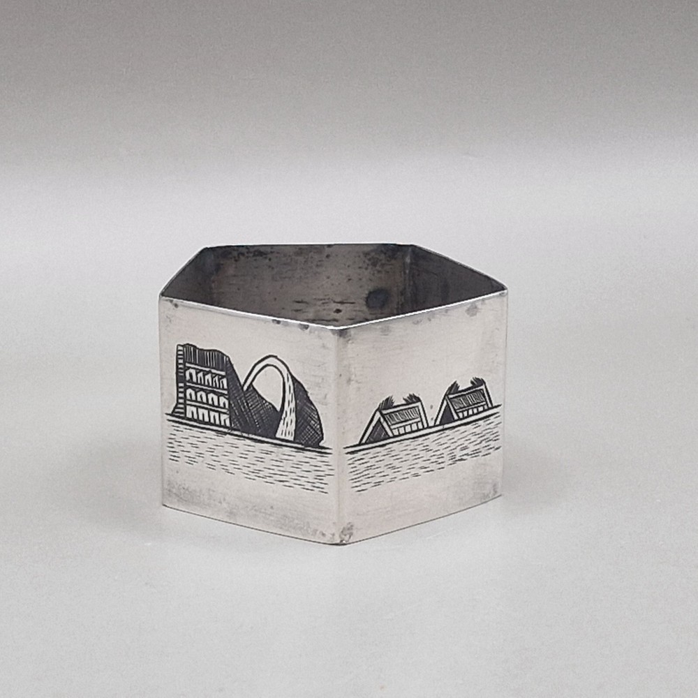 Persian Sterling Silver and Niello Hexagonal Napkin Ring
