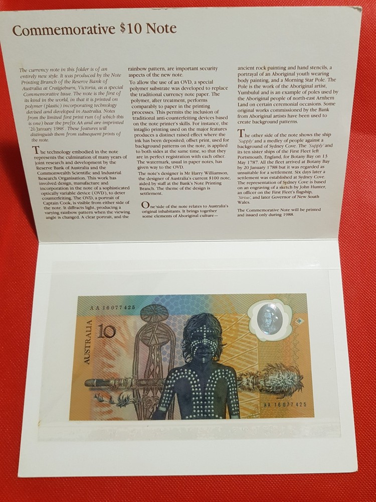 1988 AUSTRALIAN  $10 FRASER/JOHNSTON FIRST POLYMER NOTE  FOLDER AA 16 077424