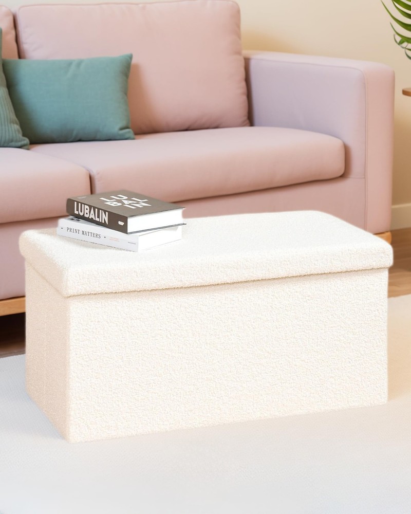 30 Inch Storage Ottoman Bench, Boucle Folding Ottoman Footstool, Rectangular ...