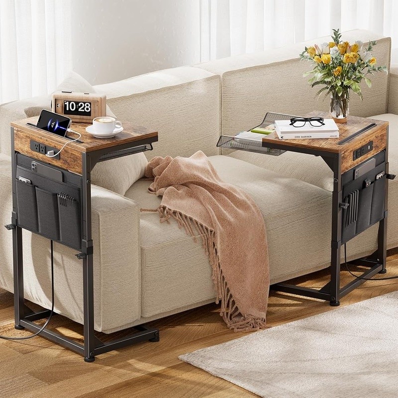 Adjustable C Table W/ Charging Station USB Type-C AC Outlet Storage Pockets