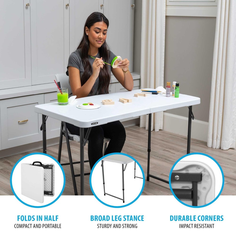 Lifetime Adjustable Height Leg Table 4428 White 4' Fold-in-Half Folding Table