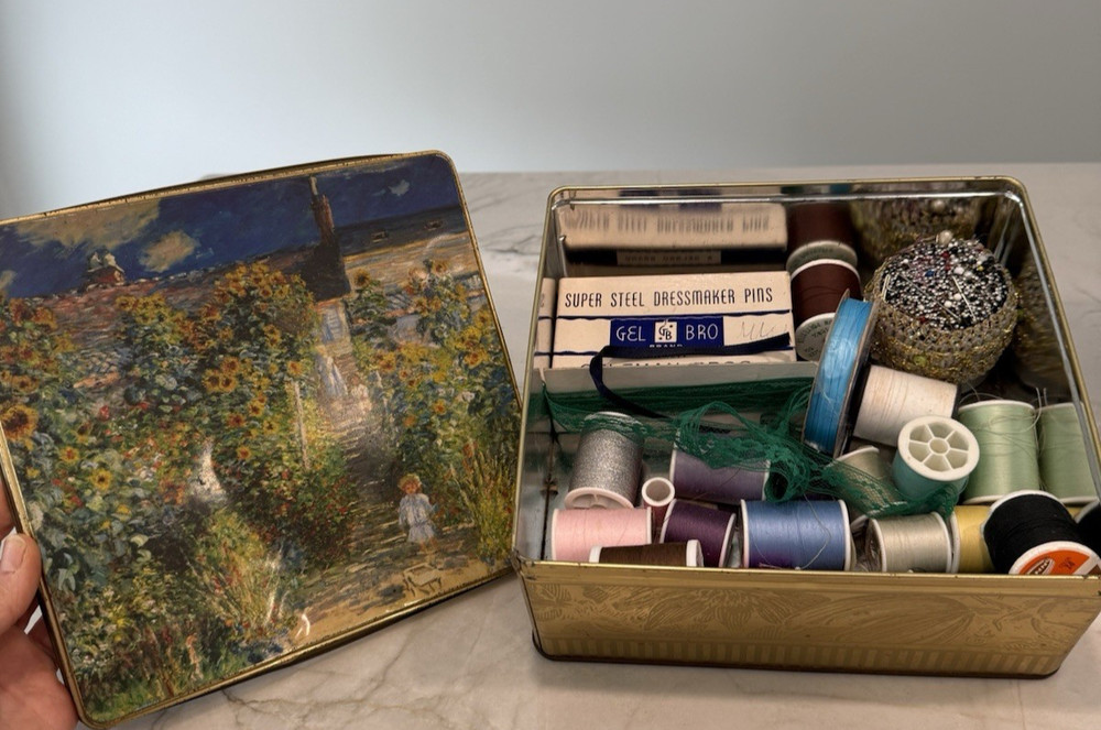 sewing items - vintage tin with thread & pins