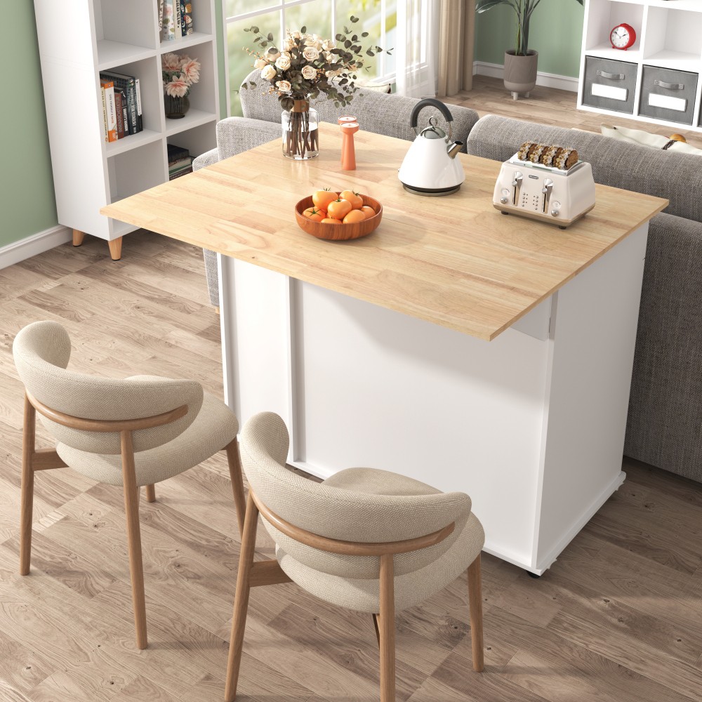 Kitchen Island with Drop Leaf with 3 Tier Pull Out Cabinet Organizer, White