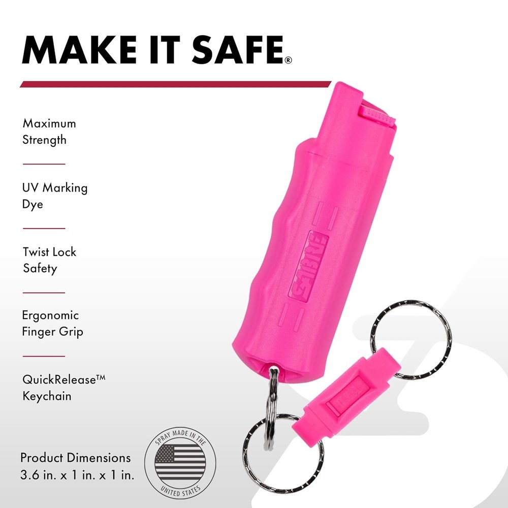 Sabre Pepper Spray with Quick Release Key Ring - Pink - UV Dye