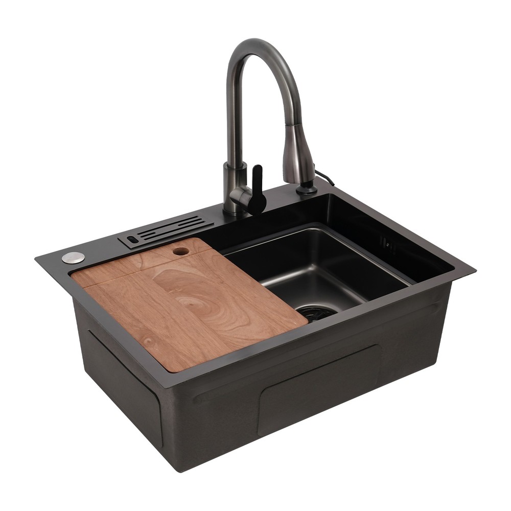 Kitchen Sink Stainless Steel Multifunctional Rectangular Sink w/ Pull-out Faucet