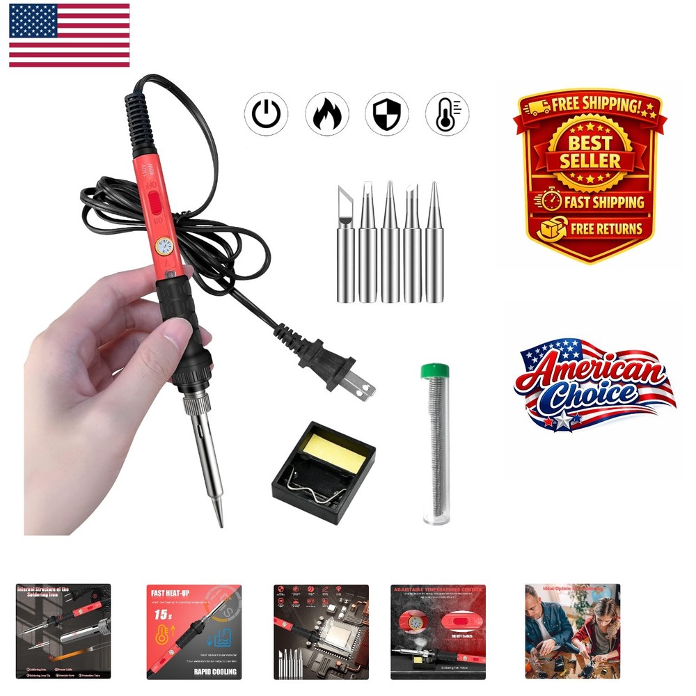 Compact Soldering Kit with 5 Tips, Stand & Ceramic Heating – Perfect for Repairs