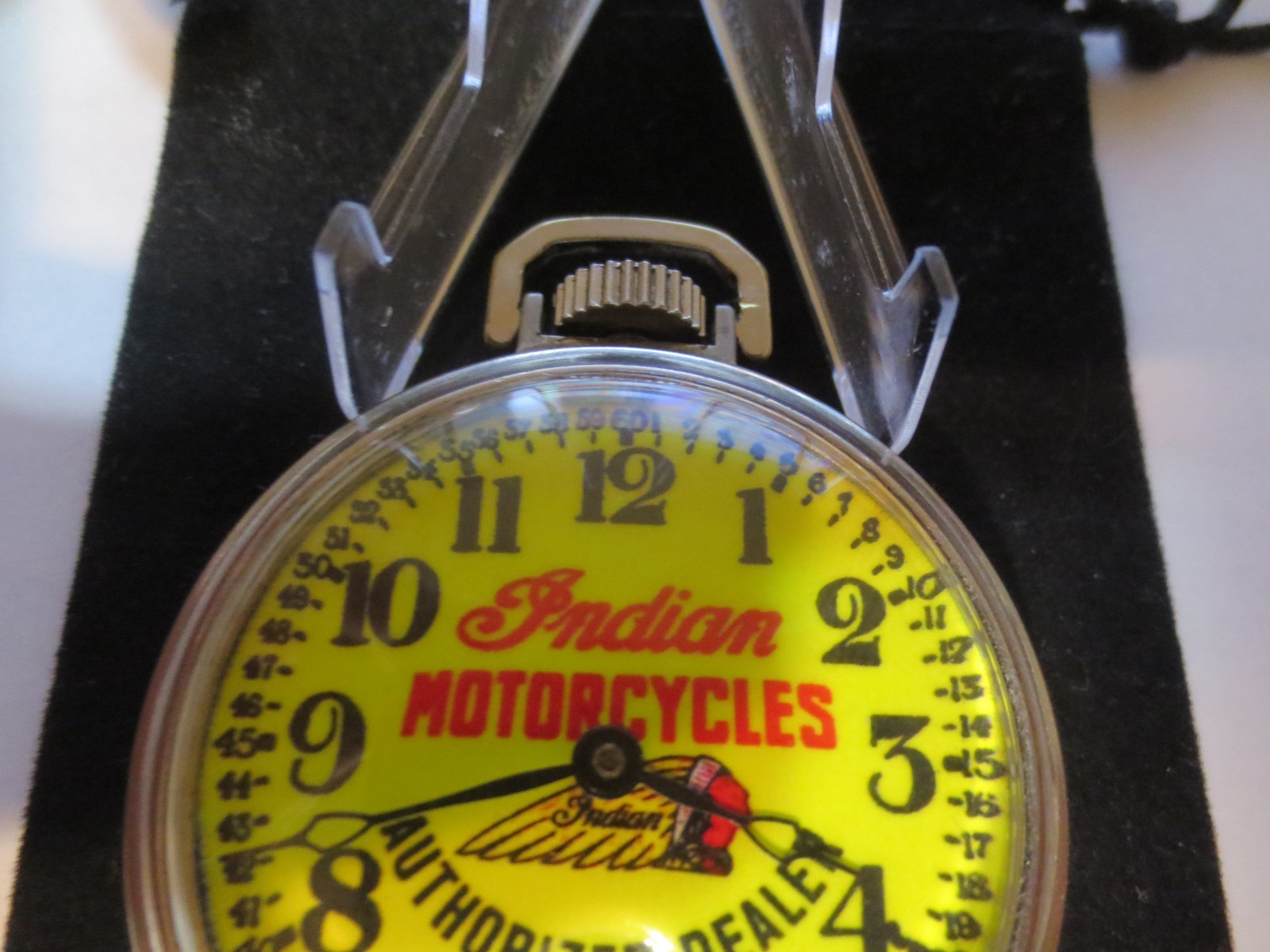 1947 16s Pocket Watch Indian Motorcycle Theme Dial & Case Runs Well.