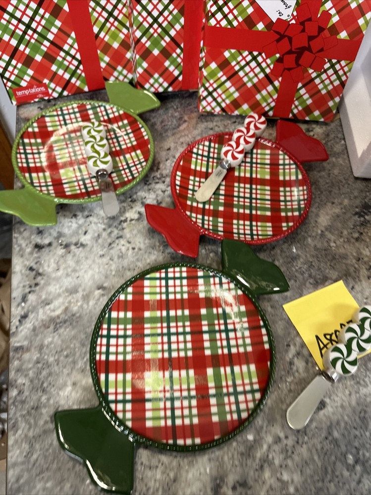 6pc Temptations Candy Plaid Platter Plates & Peppermint Candy Knives RARE