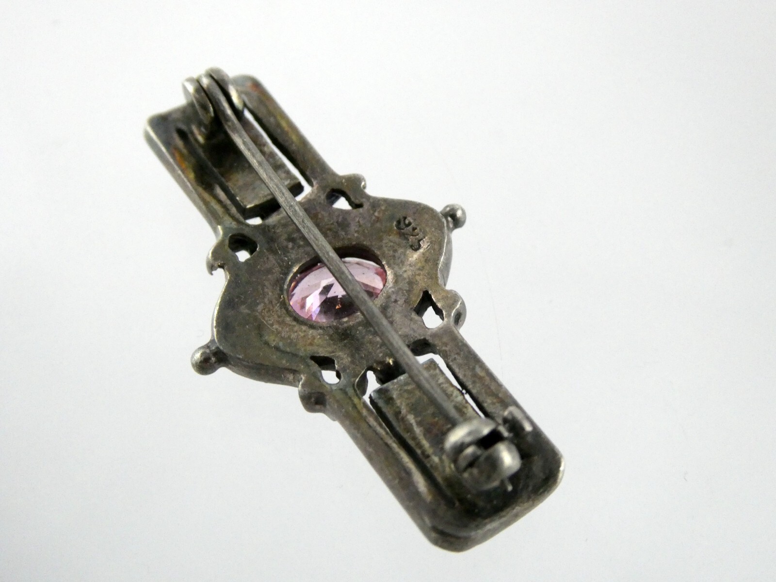 Sterling Silver Pink CZ and Marcasite Studded Bar Brooch Pin 925 6.7g 1.5 Inches