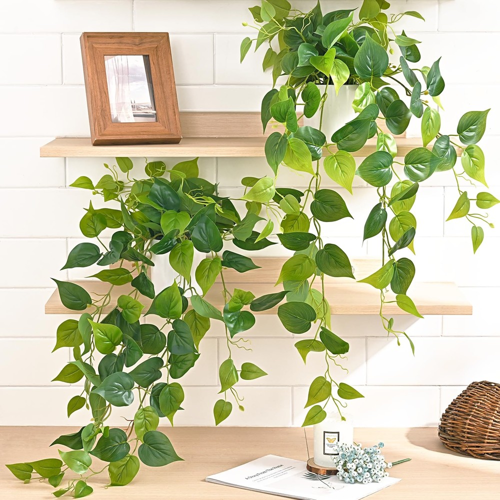 Artificial Plants Indoor, 2Pcs 34" Realistic Fake Pothos Hanging Plants Silk ...