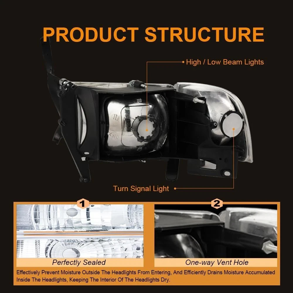 Headlights Assembly, Headlight Replacement Compatible with 1994-2001 Dodge Ram 1