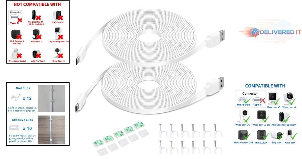 20FT Flat Power Extension Cable Micro USB Cord for Security Cameras 2 Pack