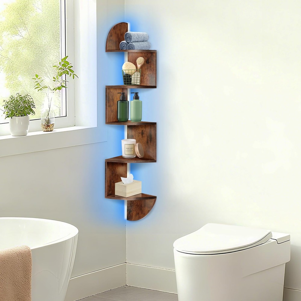 Corner Shelf, 5 Tier Corner Shelf Wall Mounted with Light, Corner Floating Sh...
